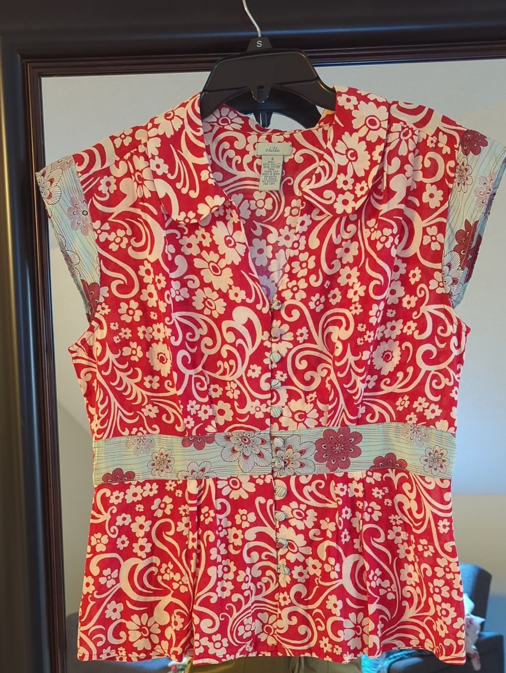 Anthropologie Odille Red and White Floral Button-Front Blouse